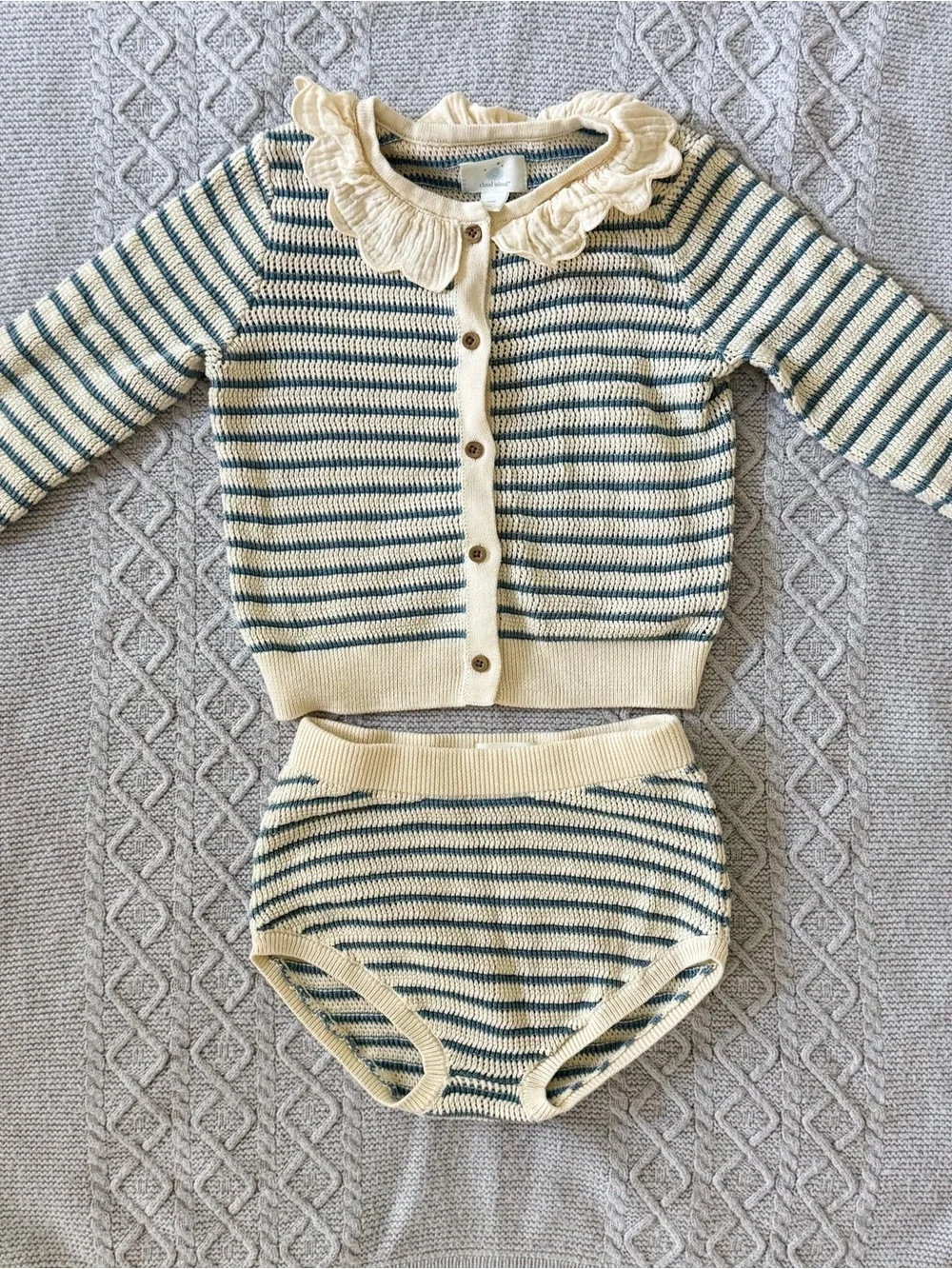 Cream and Blue Striped Ruffle Collar Knit Cardigan + Bloomers Matching Set 24M
